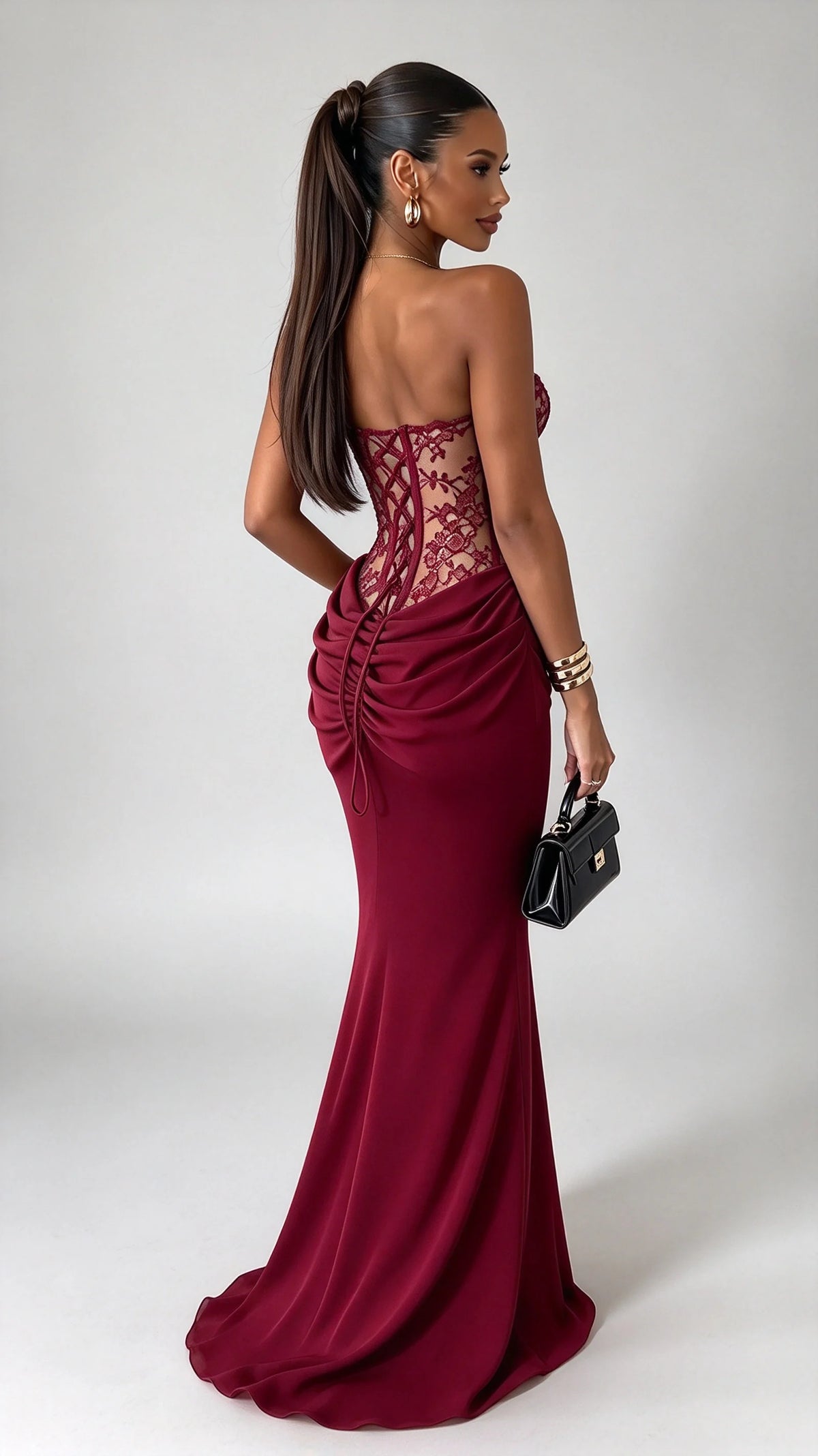 Burgundy Strapless Lace Corset Draped Bodice Floor Length Evening Maxi Dress