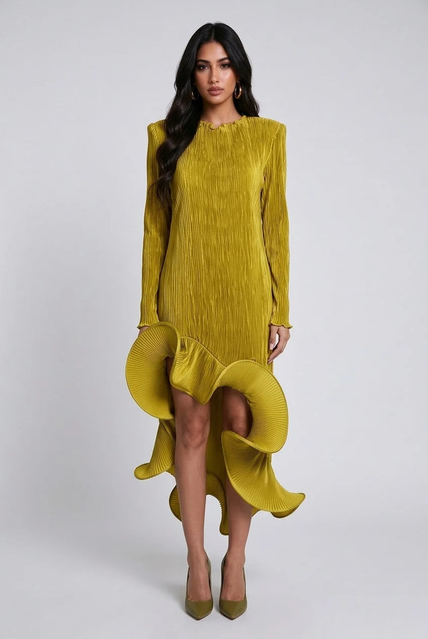 Long Sleeve Pleated High Low Dress with Sculptural Ruffle Hem