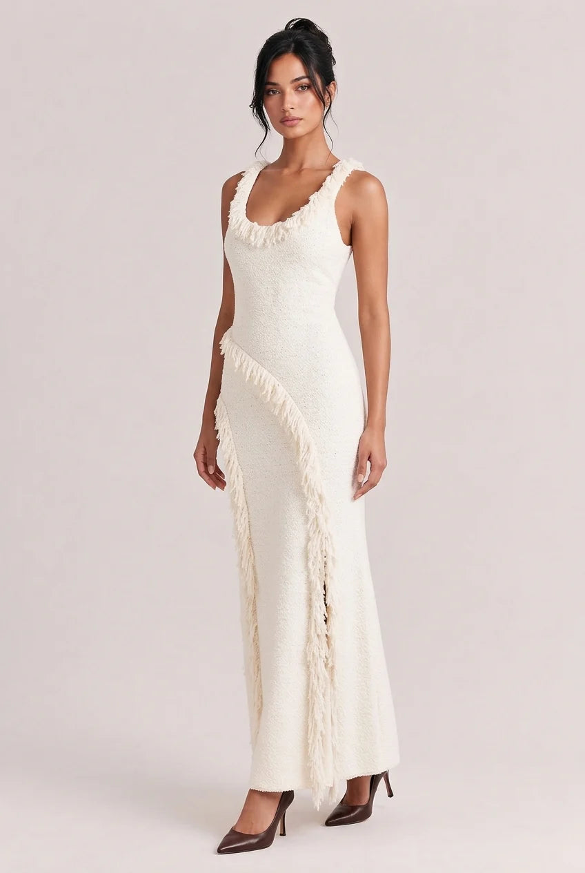 Tweed Knit Scoop Neck Sleeveless Fringe Trim Slit Maxi Dress