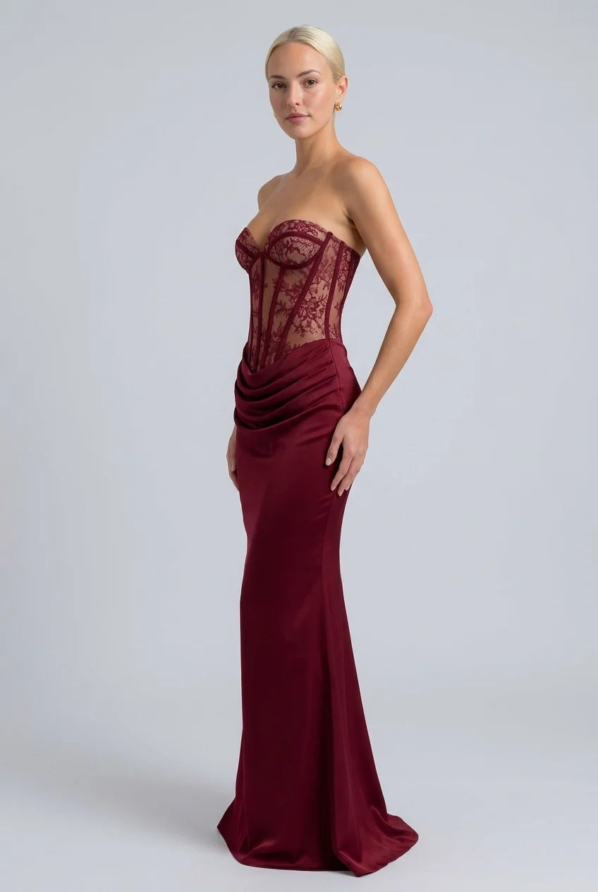 Burgundy Strapless Lace Corset Draped Bodice Floor Length Evening Maxi Dress