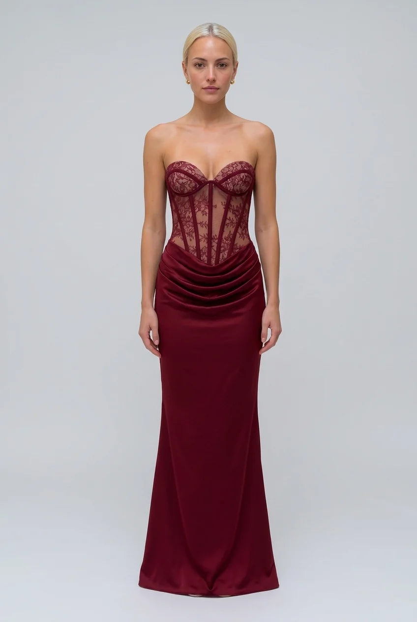 Burgundy Strapless Lace Corset Draped Bodice Floor Length Evening Maxi Dress