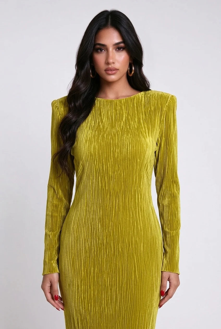 Long Sleeve Pleated High Low Dress with Sculptural Ruffle Hem