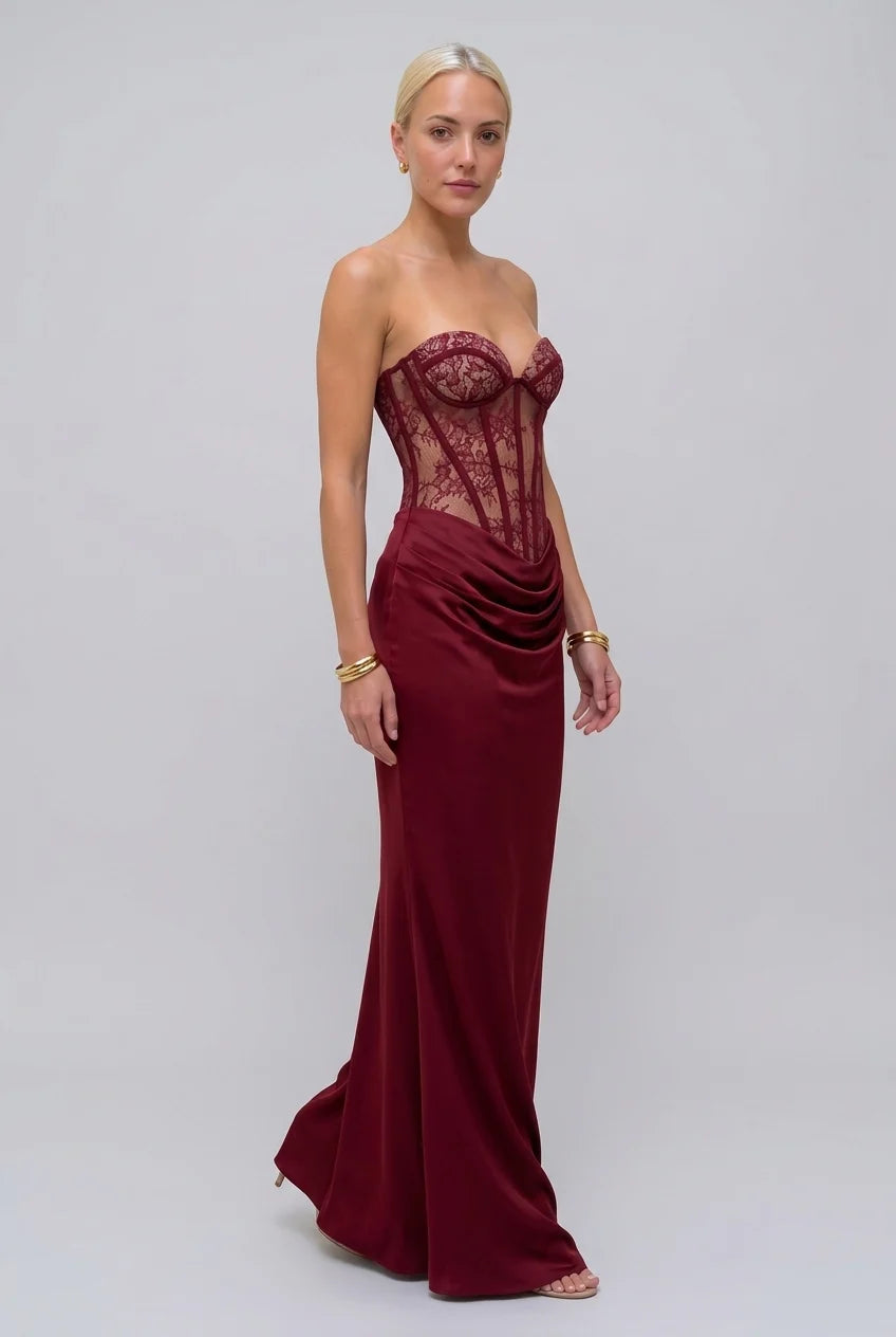 Burgundy Strapless Lace Corset Draped Bodice Floor Length Evening Maxi Dress