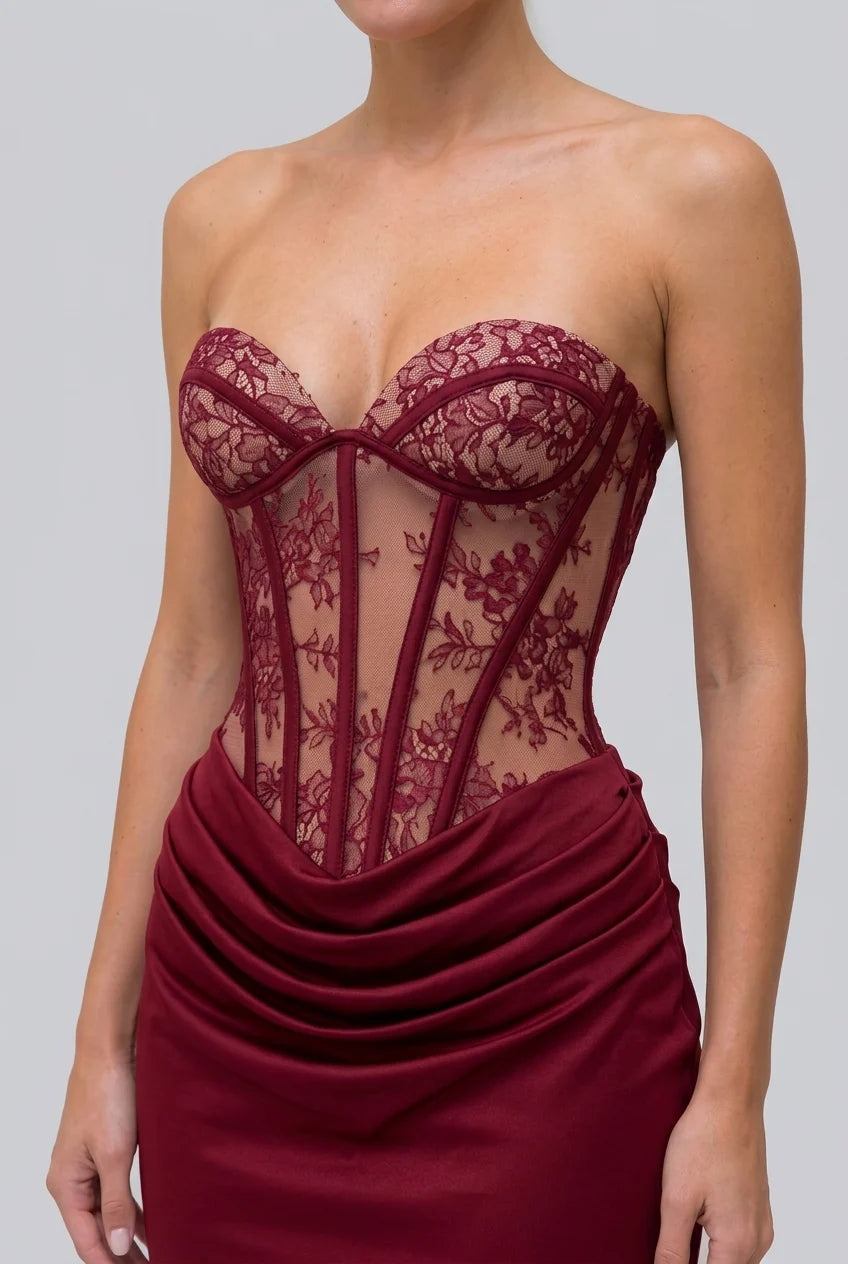 Burgundy Strapless Lace Corset Draped Bodice Floor Length Evening Maxi Dress