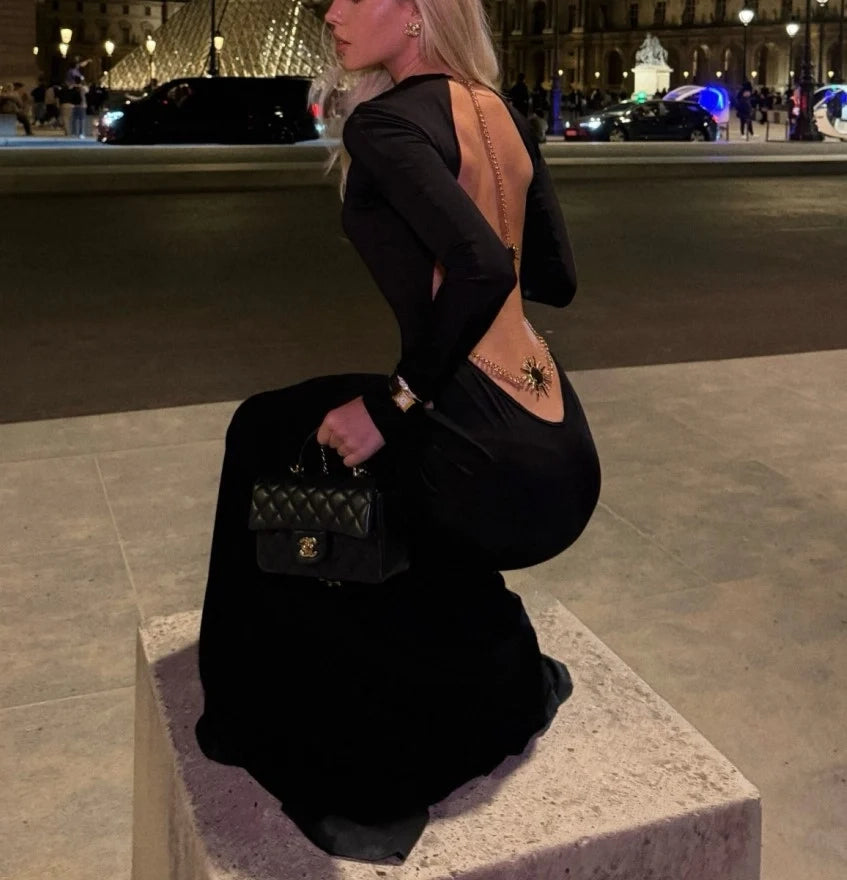 Backless Long Sleeve Maxi Dress with Gold Chain Detail in Black