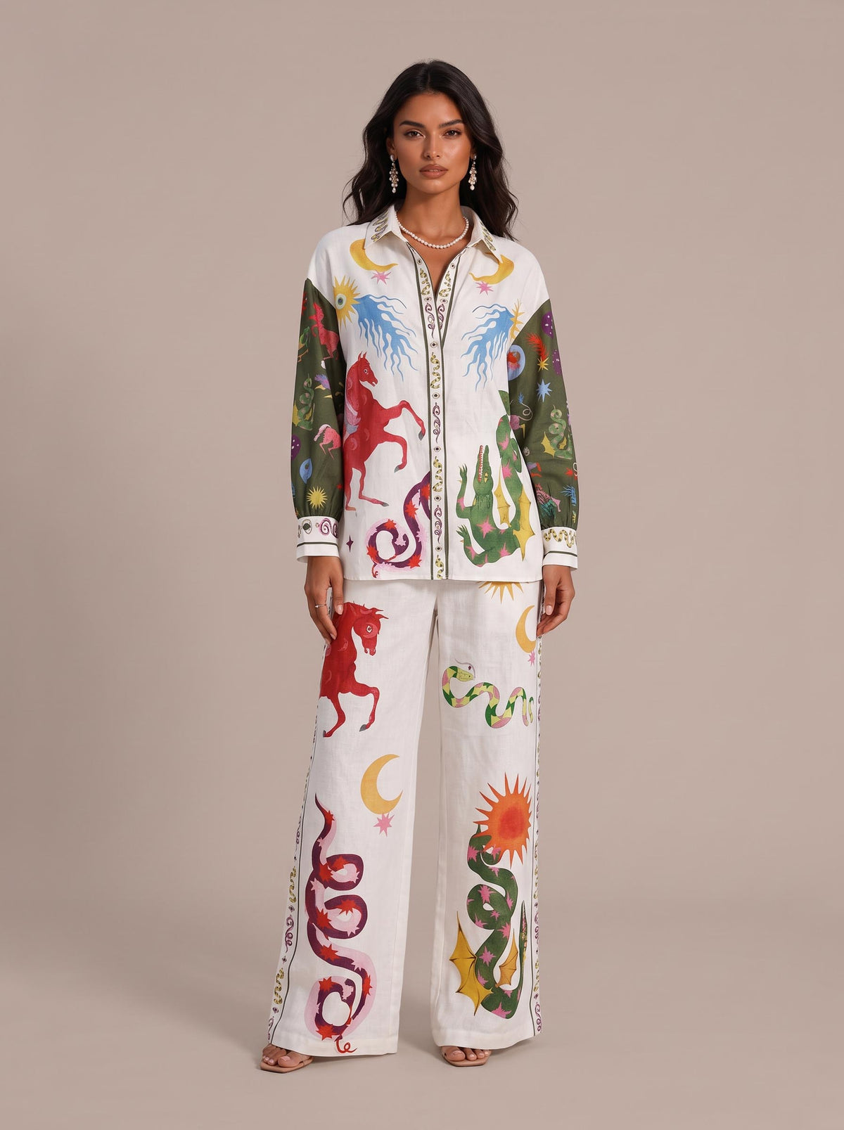 Beauty Unique Print Long Sleeve Shirt And Elastic Waist Pants Set