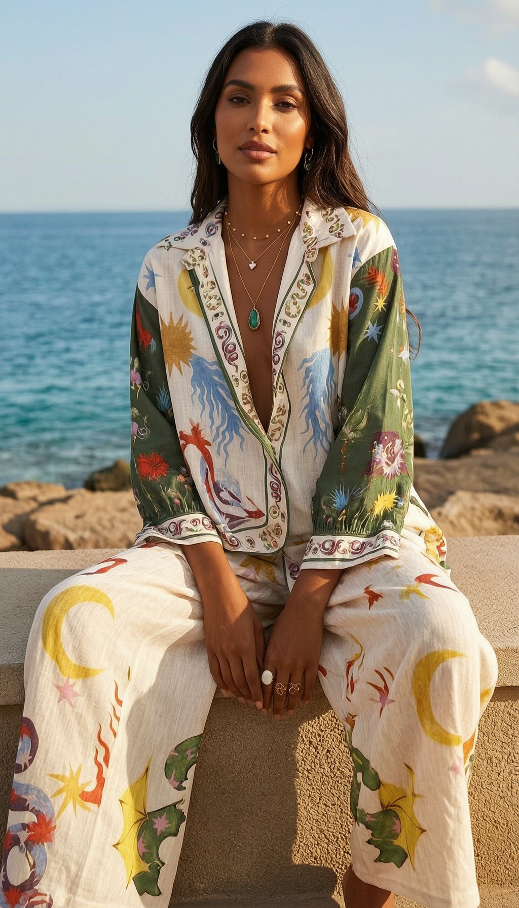 Beauty Unique Print Long Sleeve Shirt And Elastic Waist Pants Set