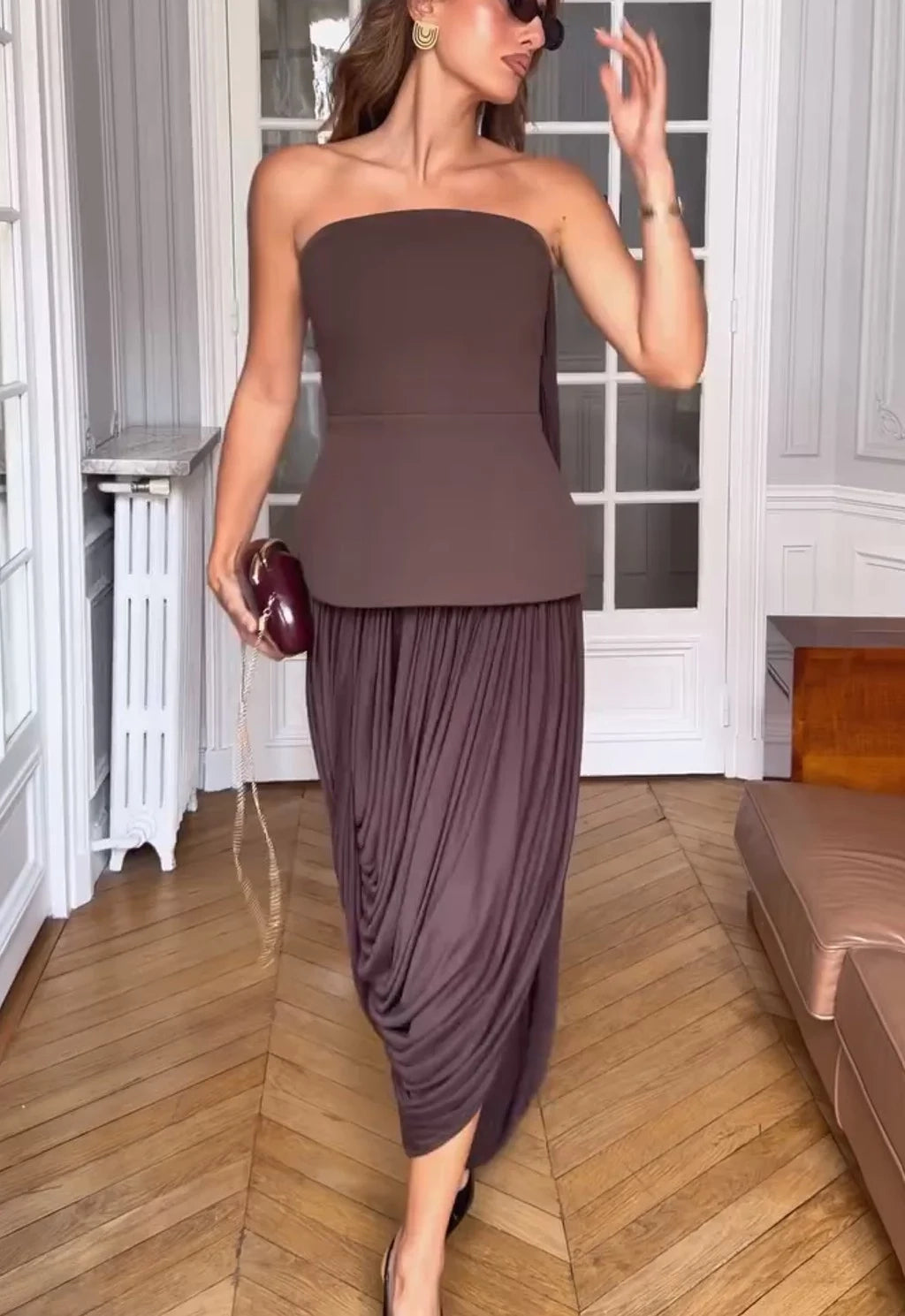 Brown Strapless Draped Maxi Dress Sleek Ruched Waterfall Evening Gown