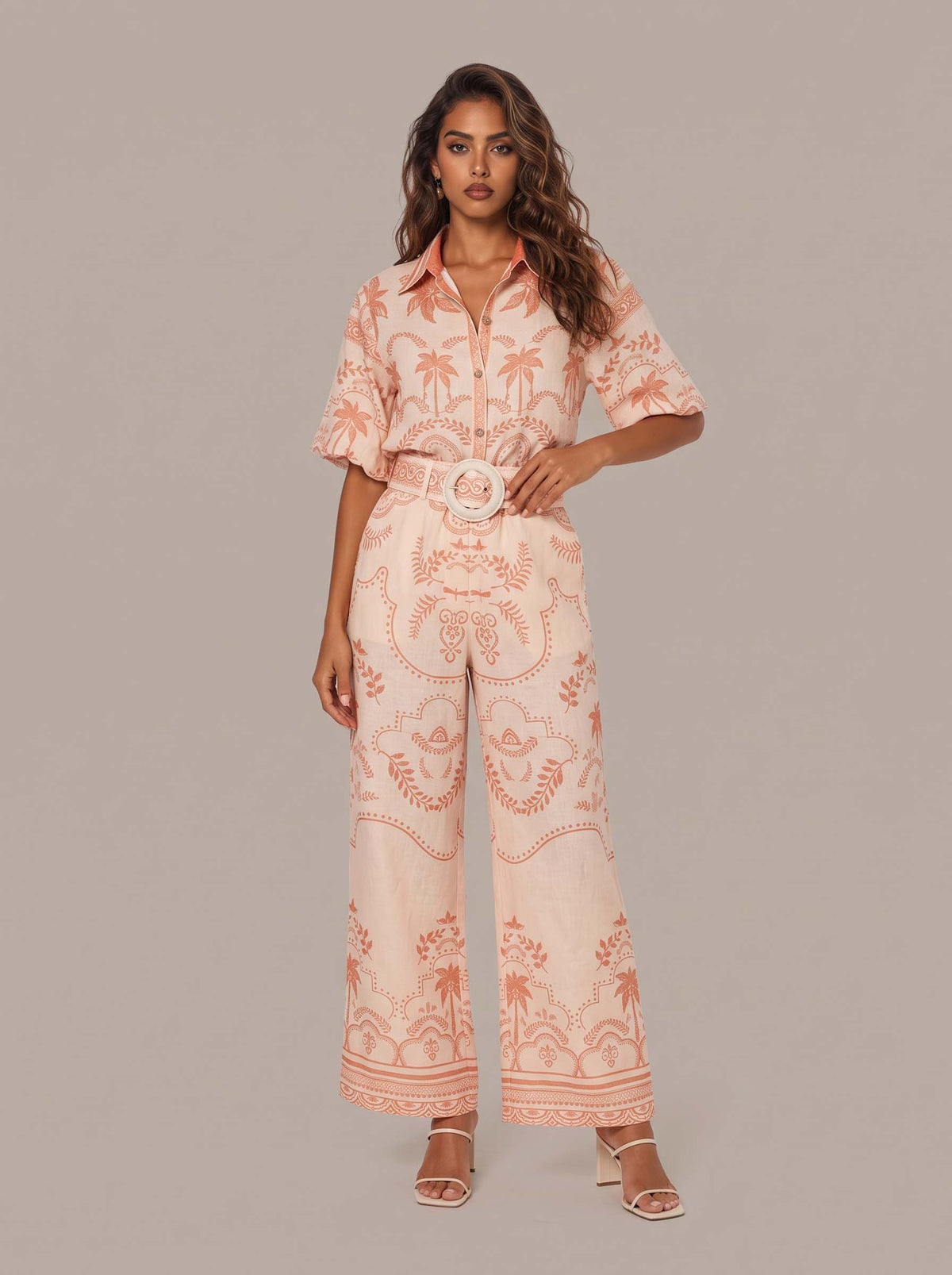 Casual Temperament Printed Linen Short-Sleeved Top With Belt And Straight Pants Set