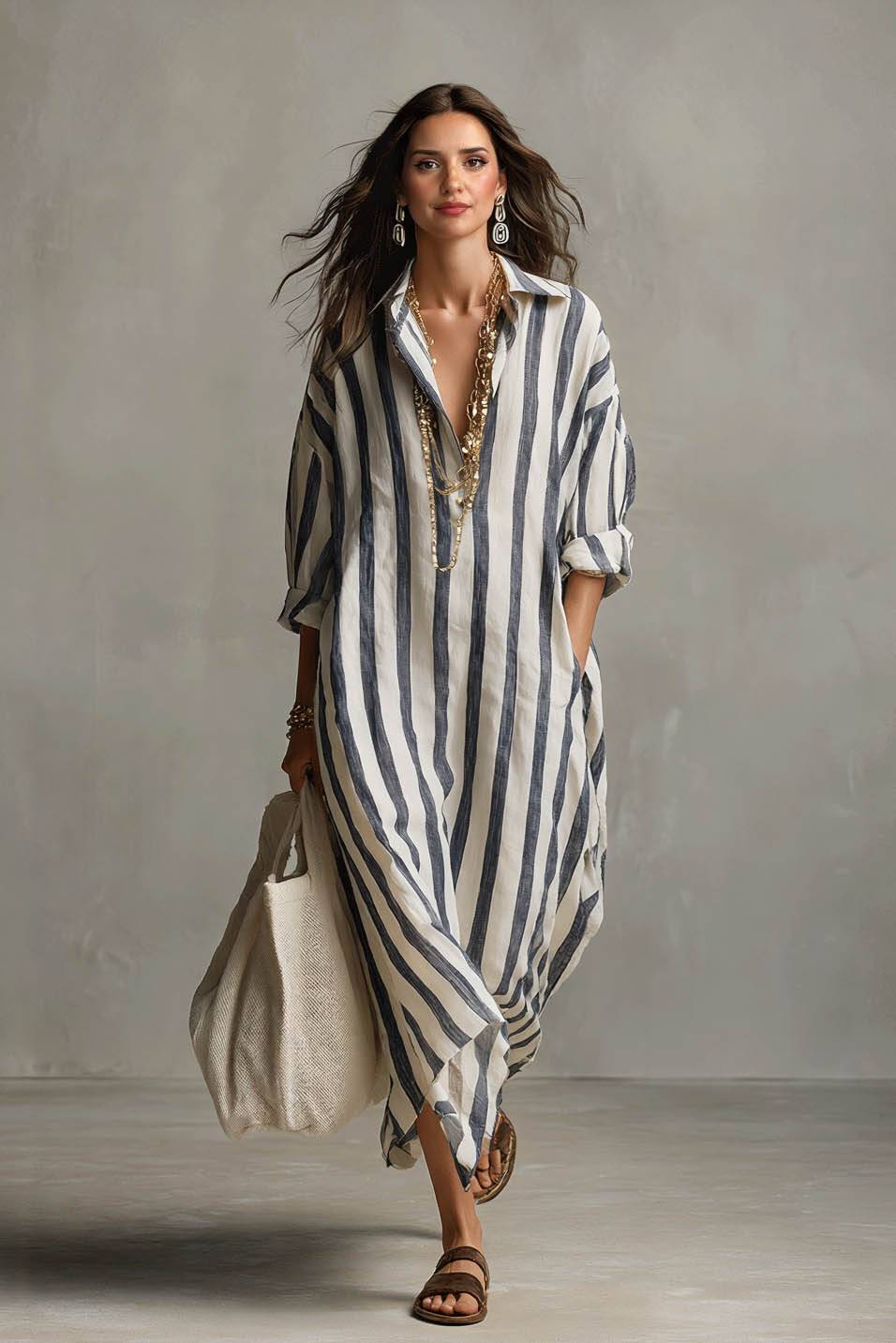 Deep V-Neck Stripe Printed Shirt Dress