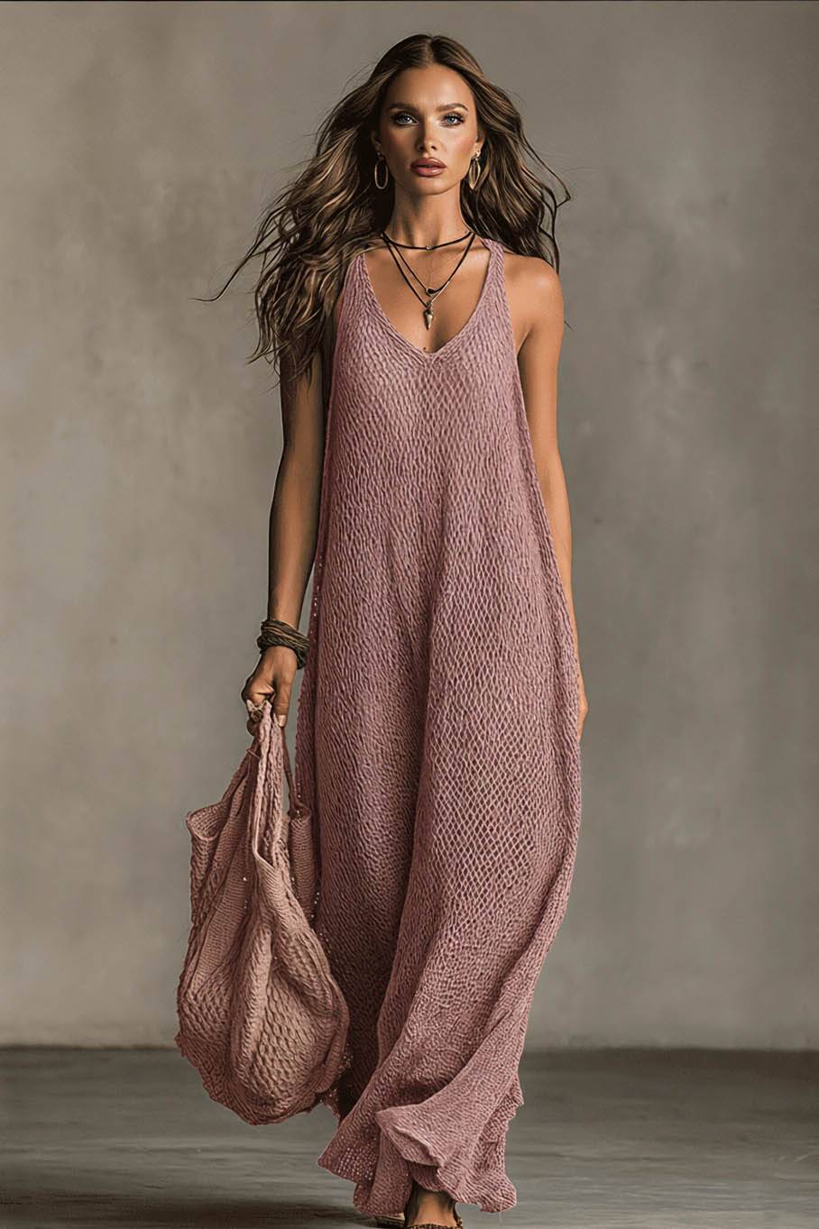 فستان ماكسي محبوك بقصة فضفاضة وبسيطة