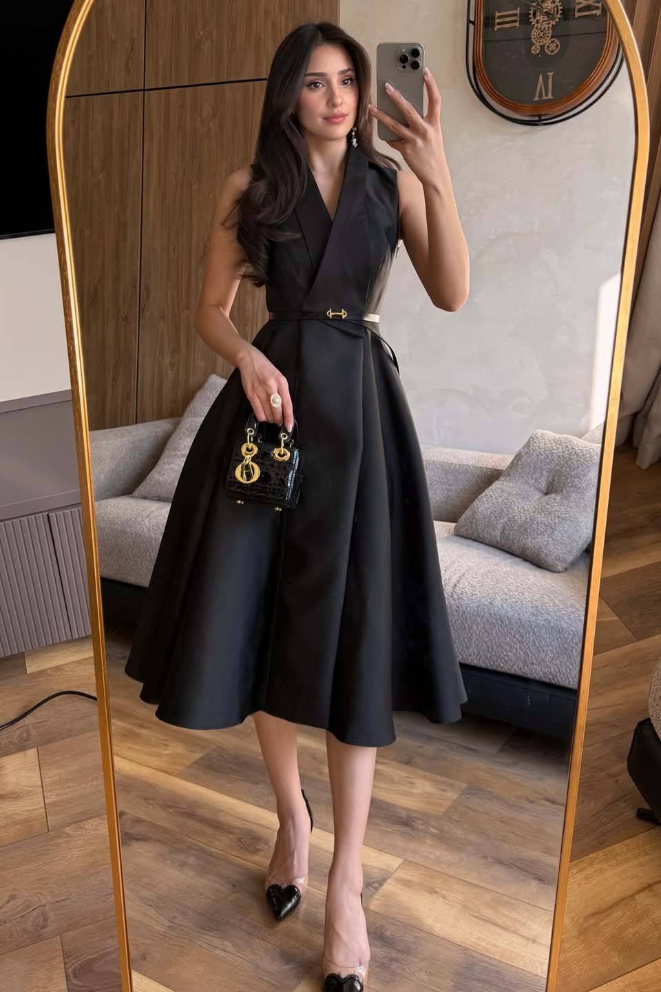 V-Neck High-waisted A- Line Midi Dress