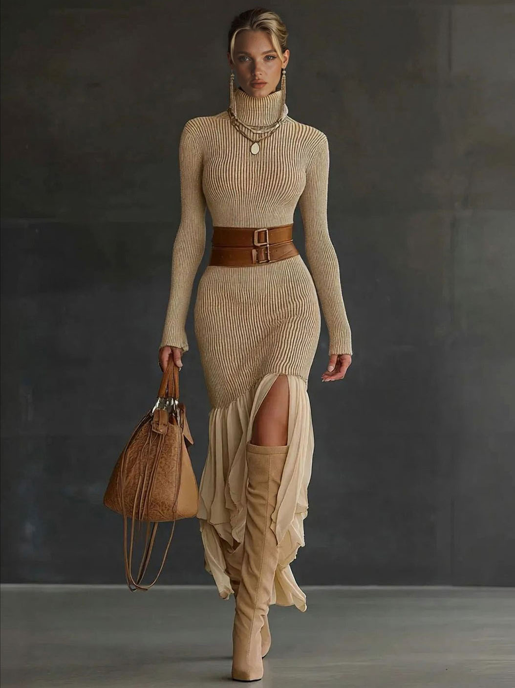 Elegant Asymmetrical Ruffled Knit Midi Dress