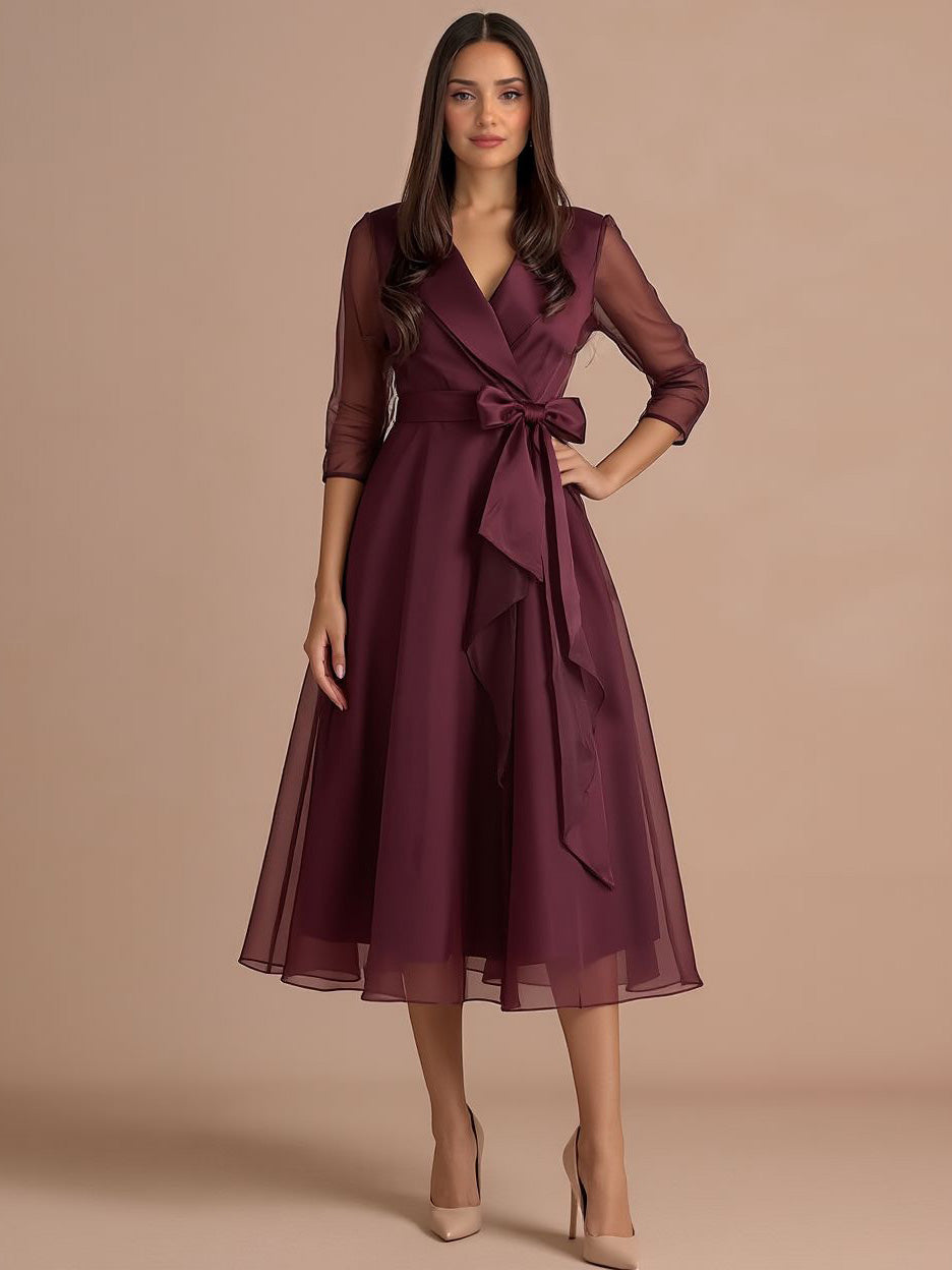 Elegant Draped Shawl-Collar Organza Midi Dress