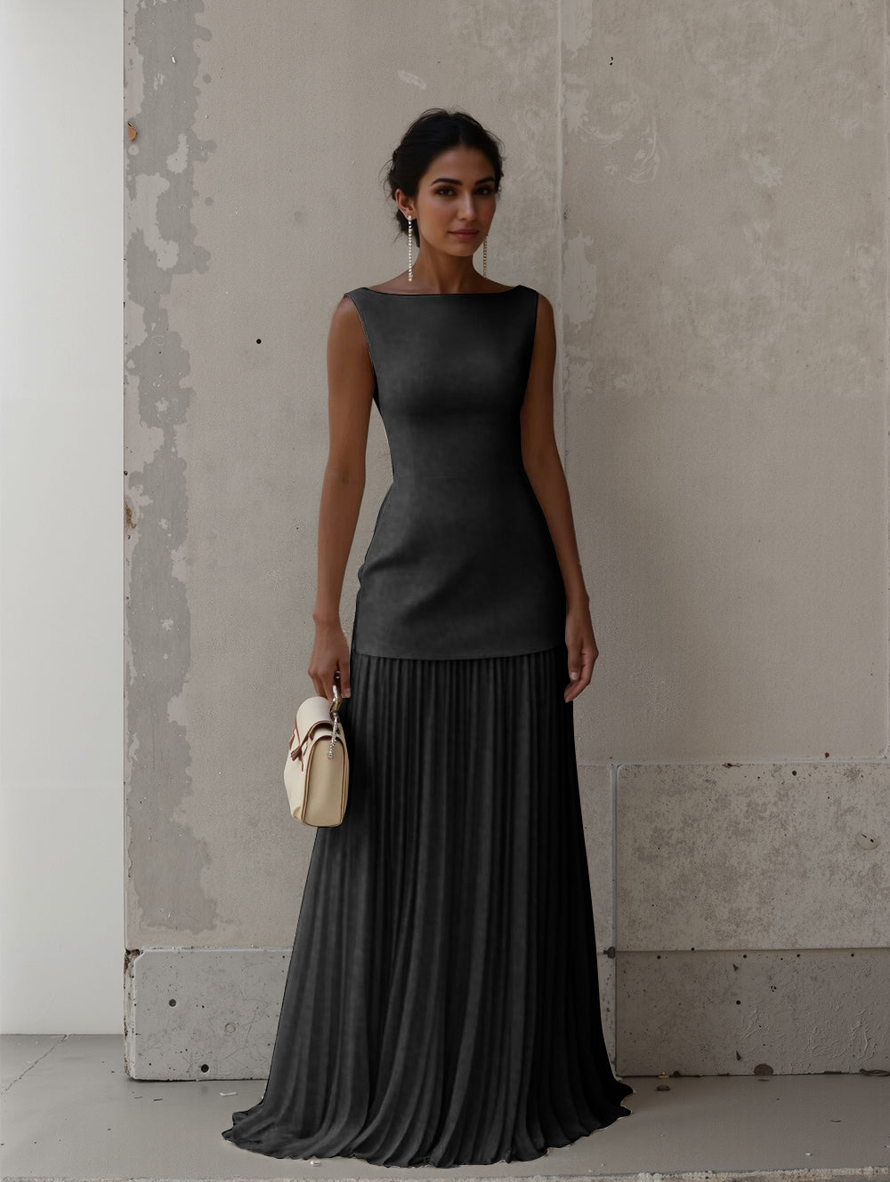 Elegant Pleated Classic Boat Neck Pleated Maxi Dress