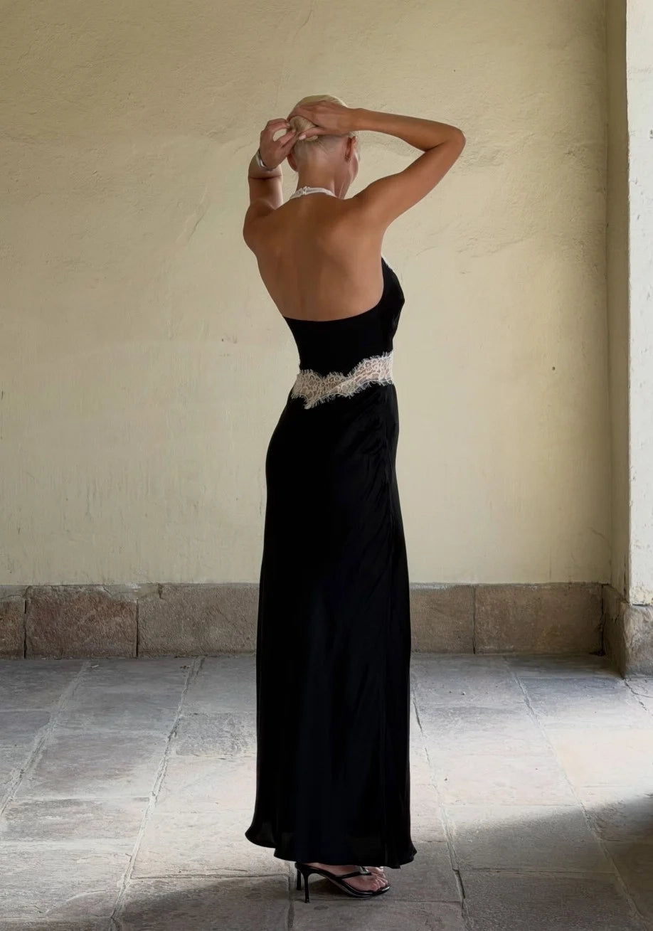 Contrast Lace Trim Halter Neck Backless Slim Fit Satin Evening Maxi Dress