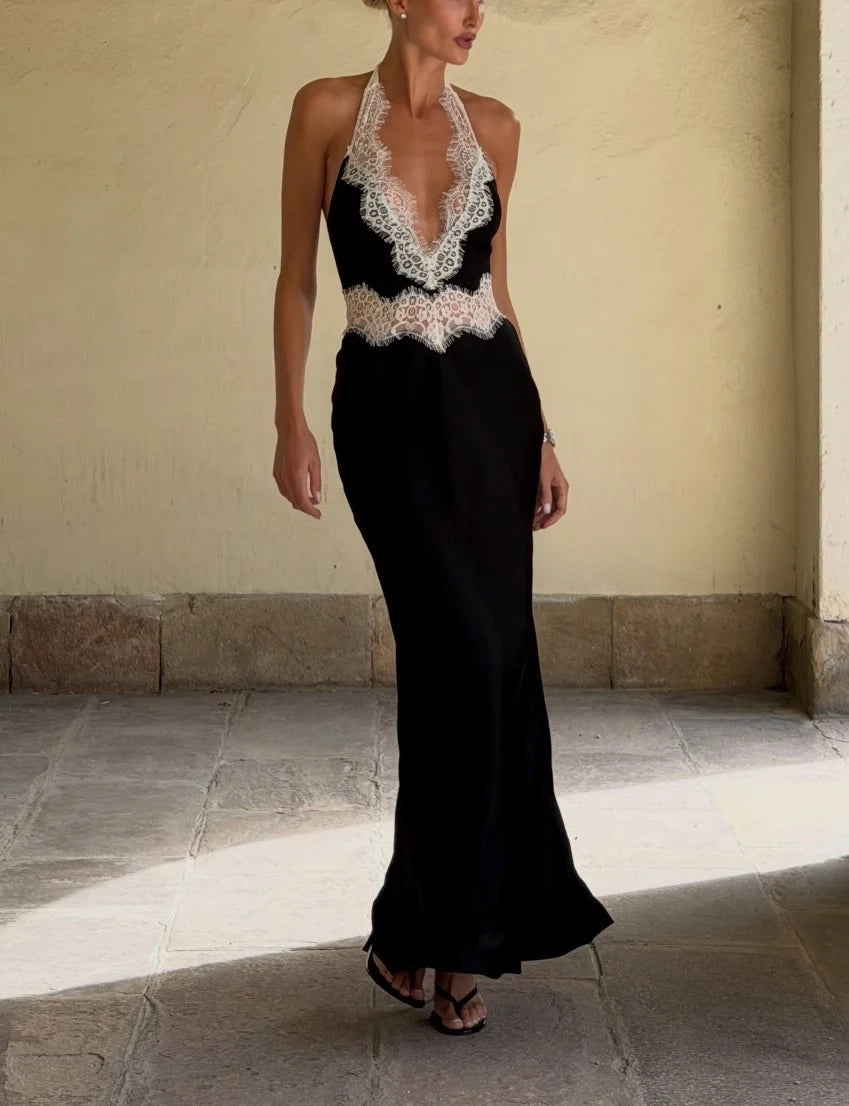Contrast Lace Trim Halter Neck Backless Slim Fit Satin Evening Maxi Dress