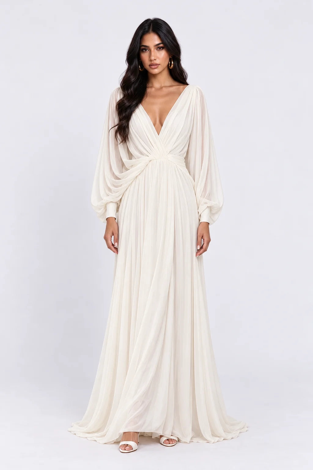 Deep V-Neck Long Sleeve Chiffon Ruched A-Line Maxi Wedding Dress
