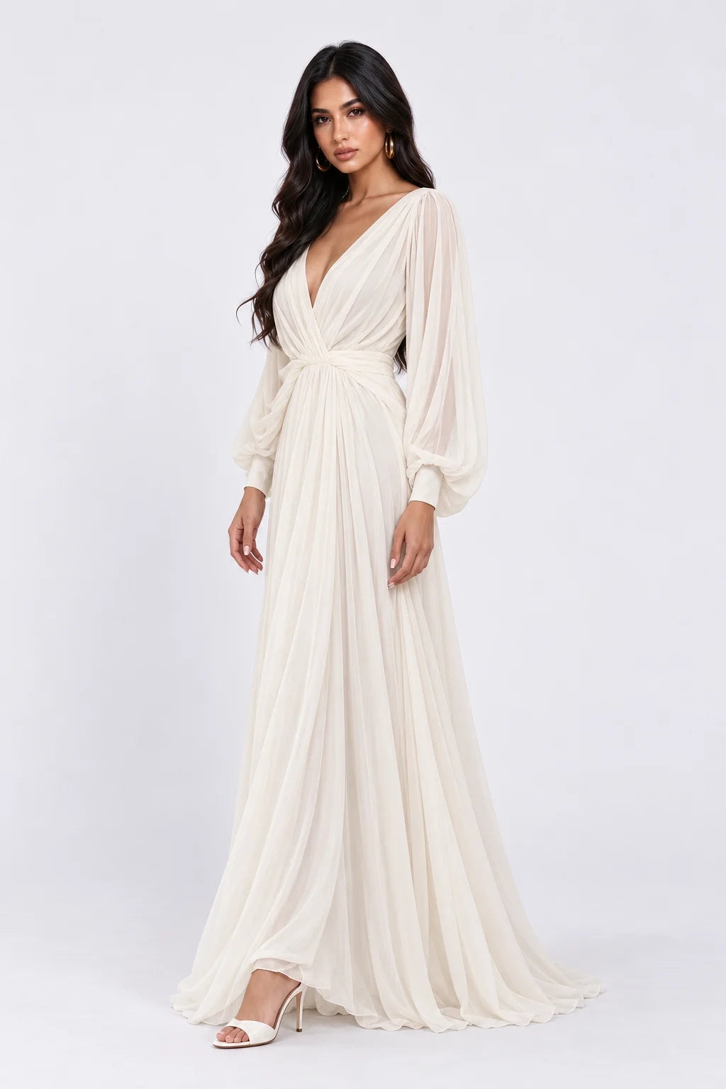 Deep V-Neck Long Sleeve Chiffon Ruched A-Line Maxi Wedding Dress