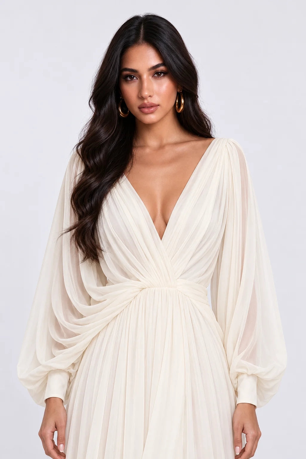 Deep V-Neck Long Sleeve Chiffon Ruched A-Line Maxi Wedding Dress