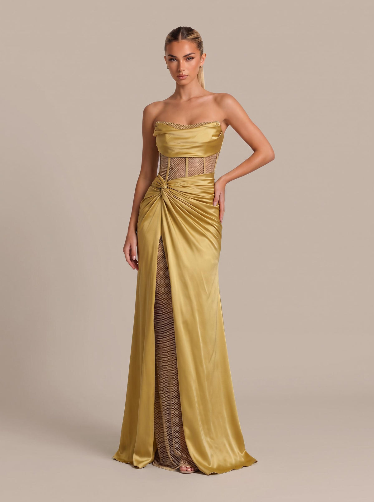 Delicate Satin Paneled Mesh Sequin Fabric Off Shoulder Ruched Drape Maxi Dress