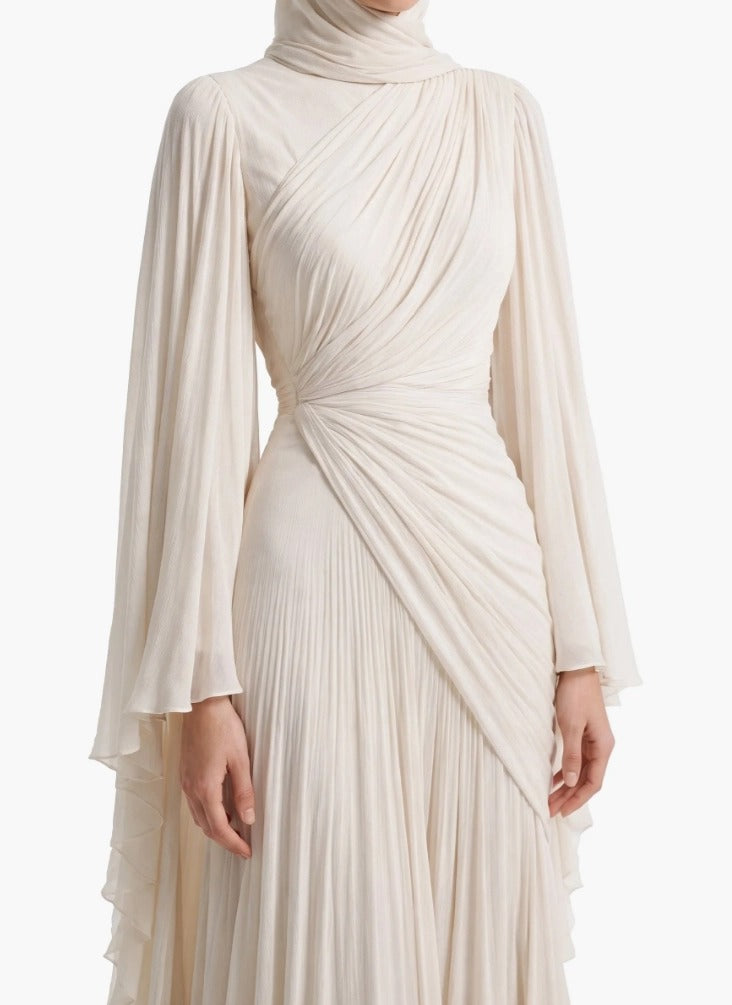 Elegant Pleated High-Neck Cape Sleeve Chiffon Maxi Dress