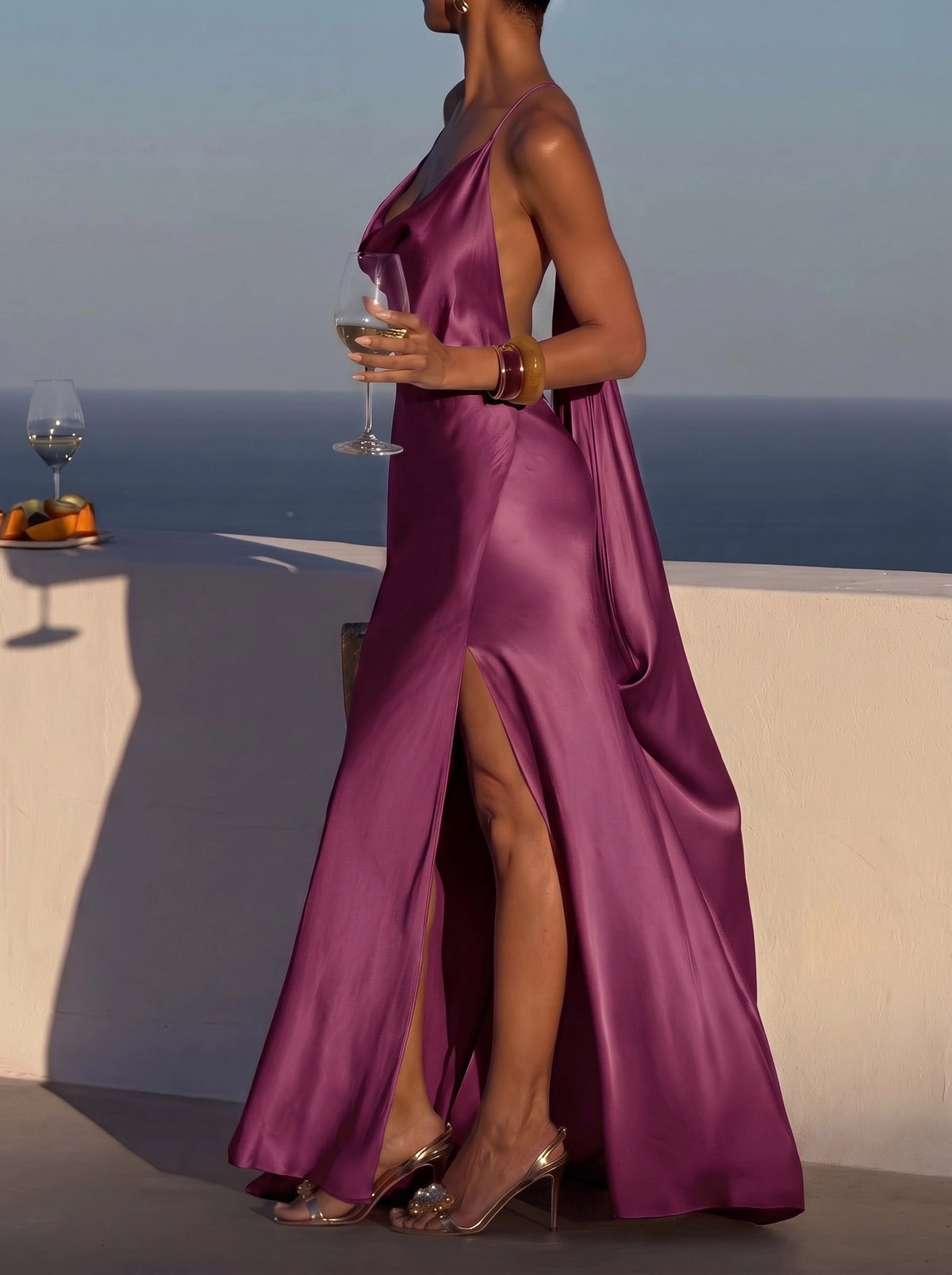 Elegant Satin Draped Backless Maxi Dress