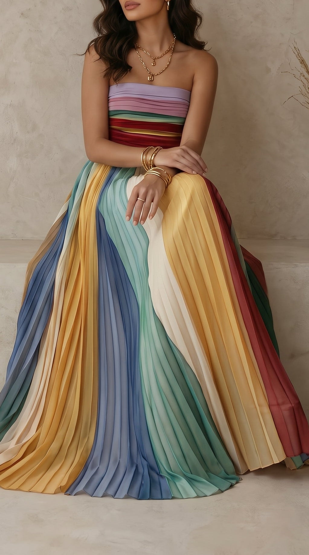 Elegant Striped Printed Off-shoulder Pleated Bandeau Maxi Dress