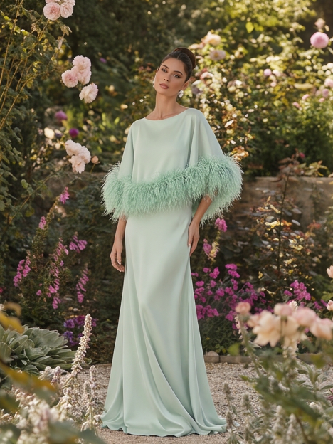 Satin Feather Cape Maxi Formal Gown
