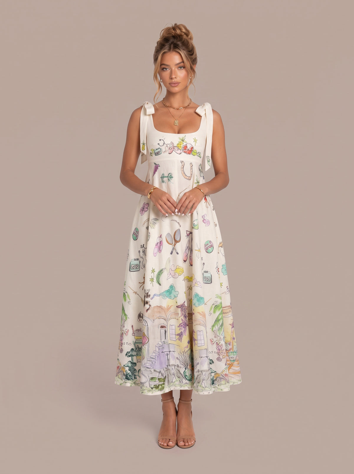 Exquisite Fantasy Floral Print Lace-up Maxi Dress