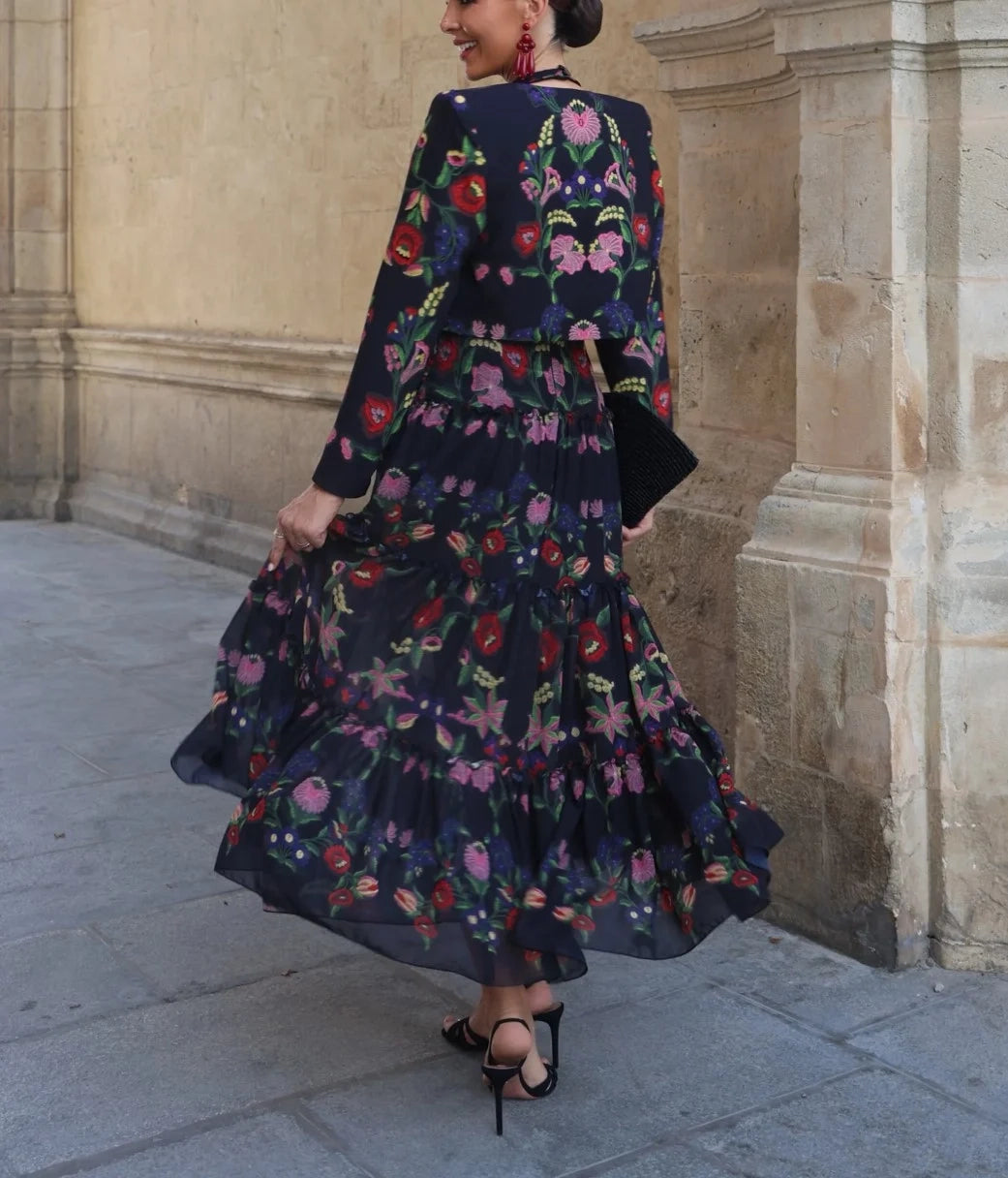 Floral Print Halter Maxi Tiered Dress and Matching Jacket Two Piece Set
