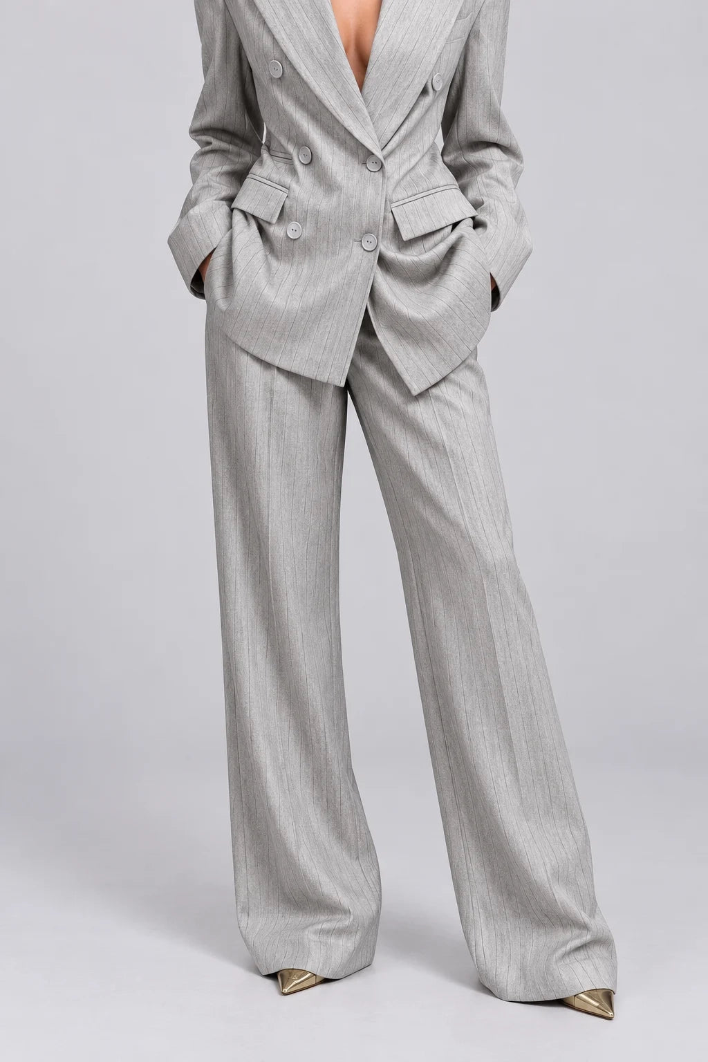 Grey Pinstripe Double-Breasted Blazer and Wide-Leg Pants Two-Piece Suit Set