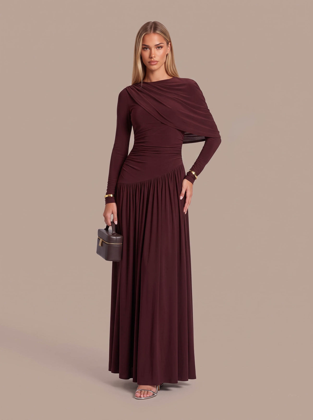 Irregular Shawl Pleated Maxi Dress