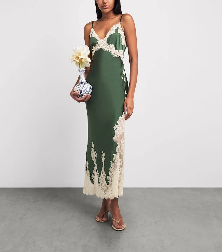 Lace Trim V-Neck Satin Slip Maxi Dress in Dark Green