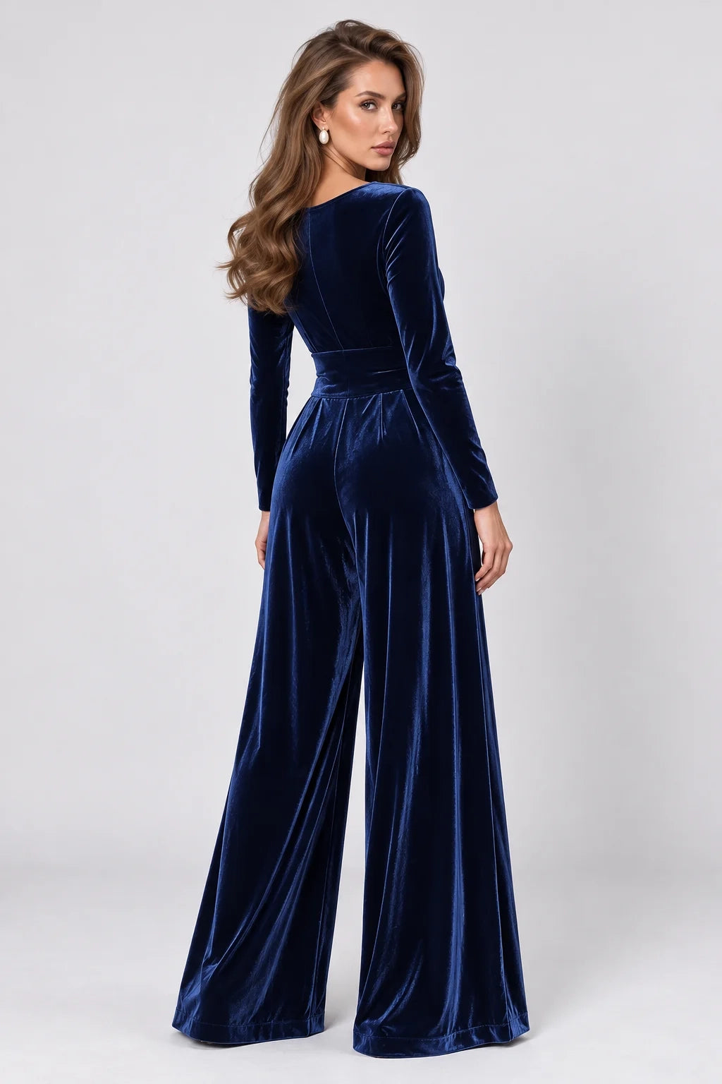 Navy Blue Velvet Wrap V-Neck Wide Leg Long Sleeve Jumpsuit