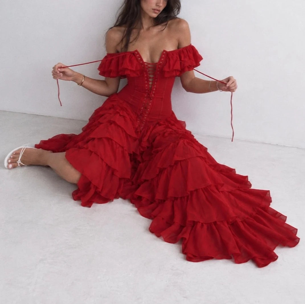 Off-Shoulder Corset Lace-Up Tiered Ruffle Slit Maxi Dress