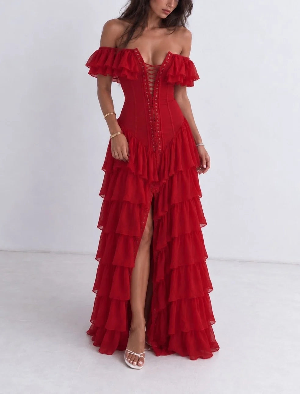Off-Shoulder Corset Lace-Up Tiered Ruffle Slit Maxi Dress
