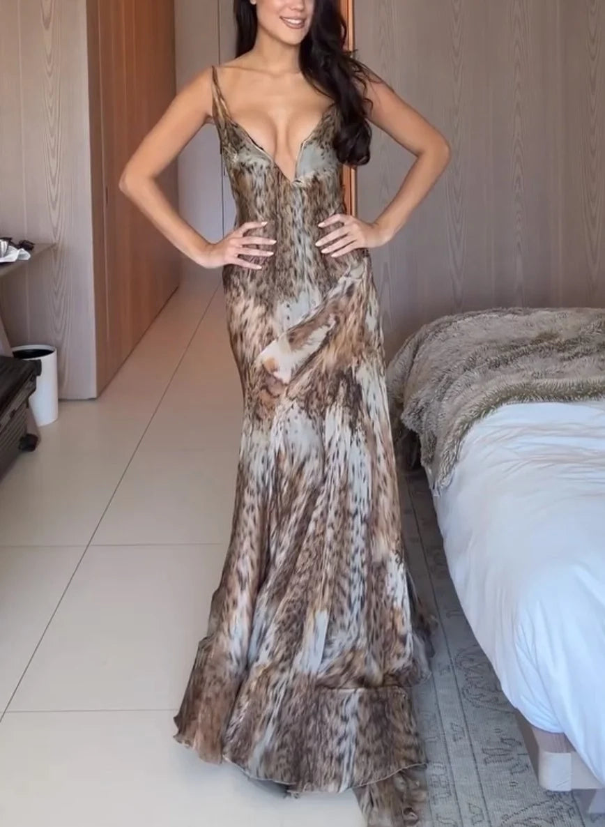 Plunging Deep V-Neck Animal Print Cami Mermaid Maxi Dress