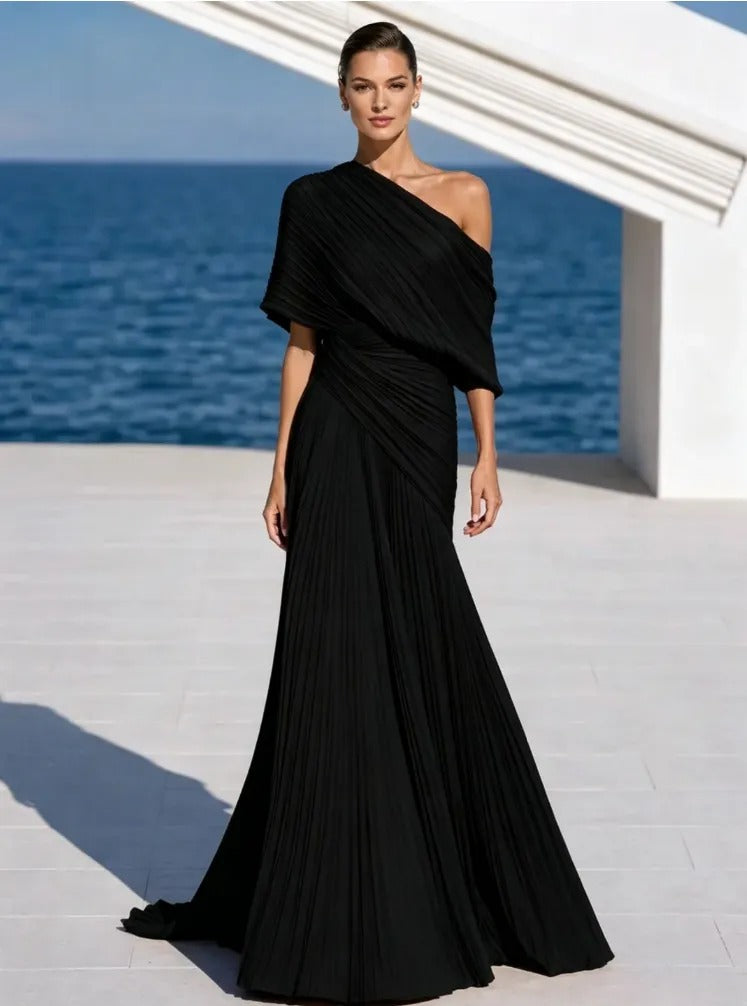 Vibrant Orange One-Shoulder Pleated Maxi Dress – Grecian Gown