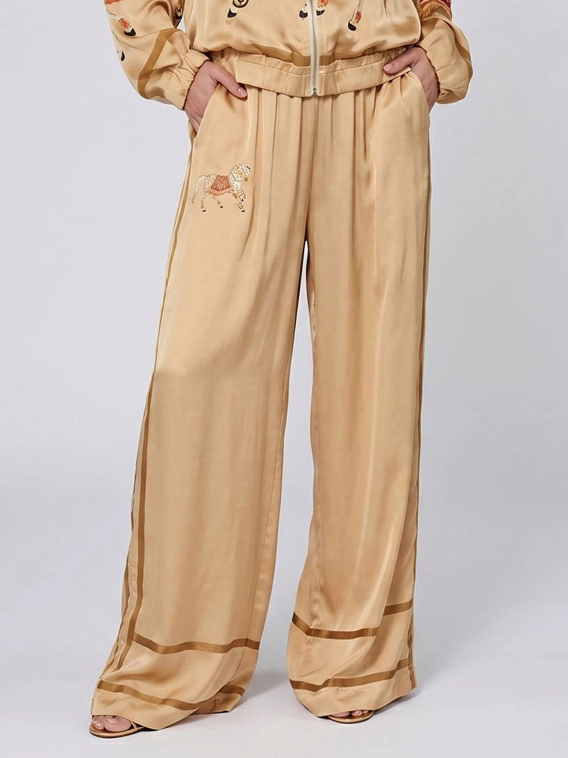 Exquisite Satin Horse Print Zip Jacket & Wide-Leg Pants Two-Piece Set