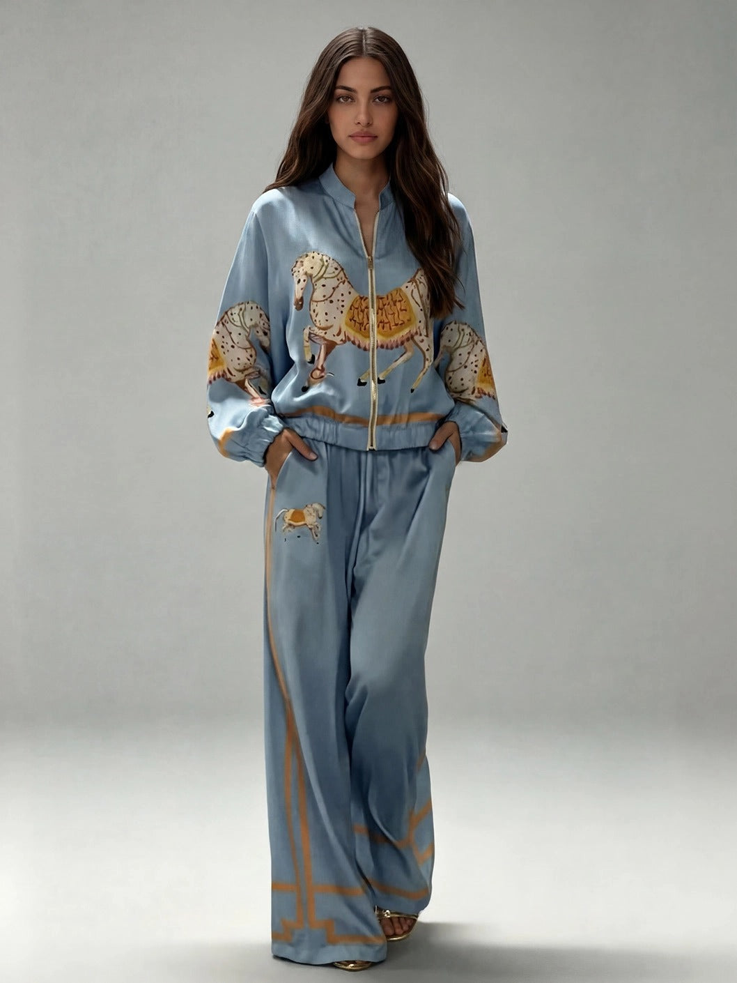 Exquisite Satin Horse Print Zip Jacket & Wide-Leg Pants Two-Piece Set
