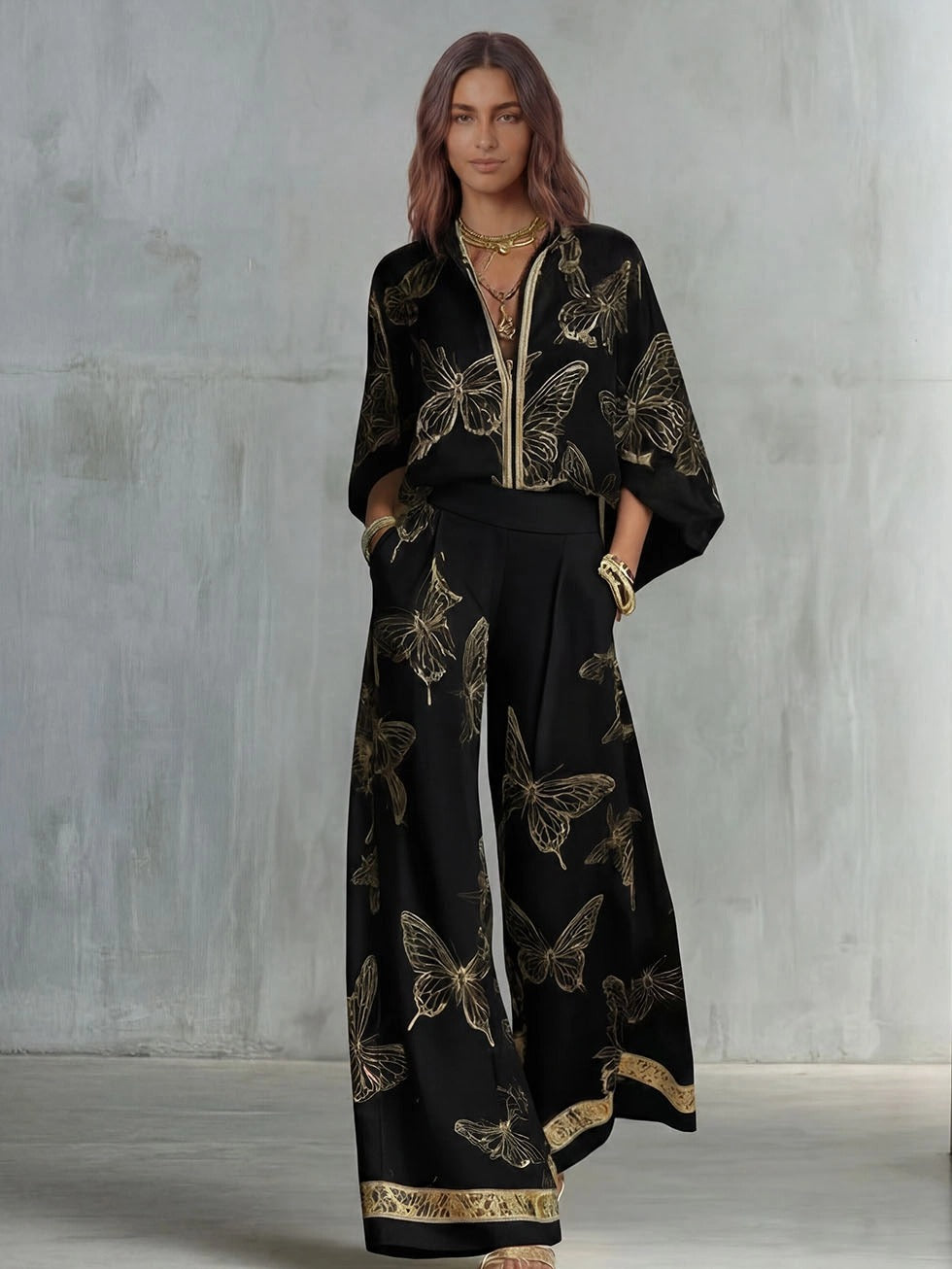 Elegant Butterfly Print Zip-Up Top & Wide Leg Pants Set