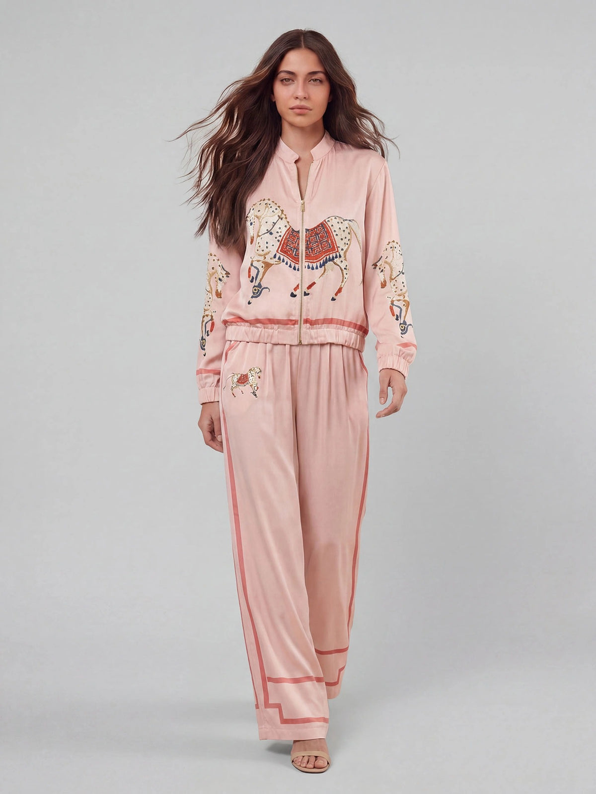Exquisite Satin Horse Print Zip Jacket & Wide-Leg Pants Two-Piece Set