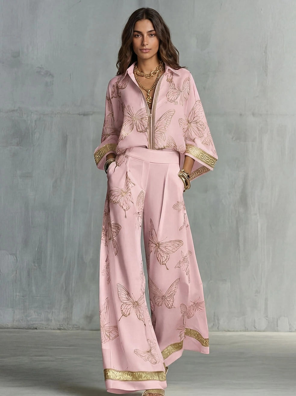 Elegant Butterfly Print Zip-Up Top & Wide Leg Pants Set