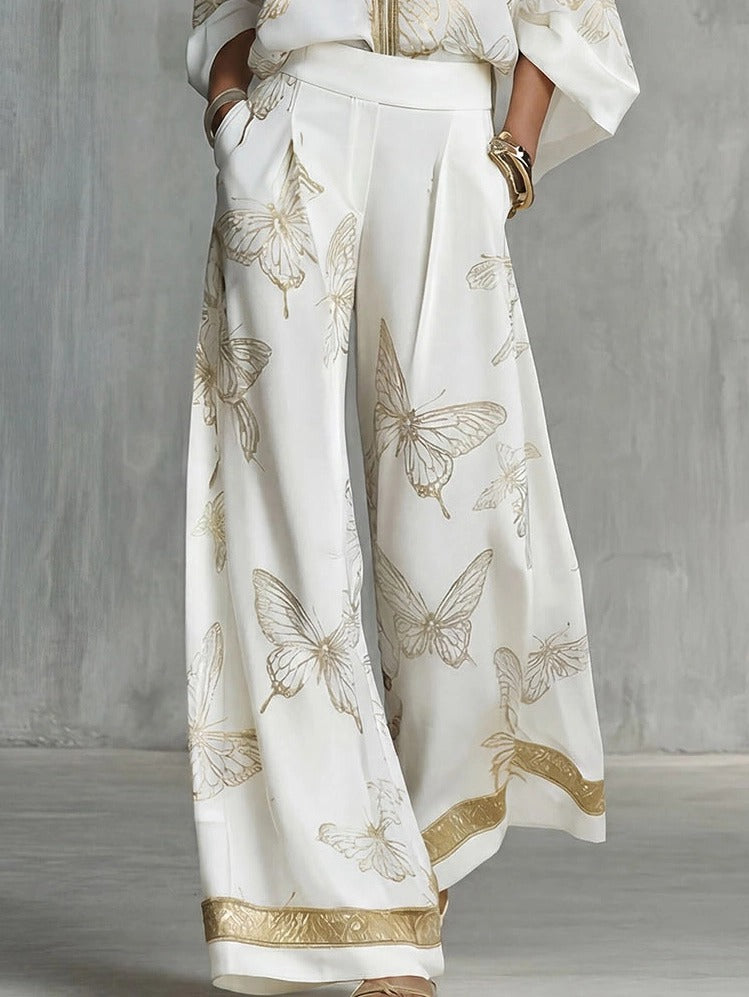 Elegant Butterfly Print Zip-Up Top & Wide Leg Pants Set