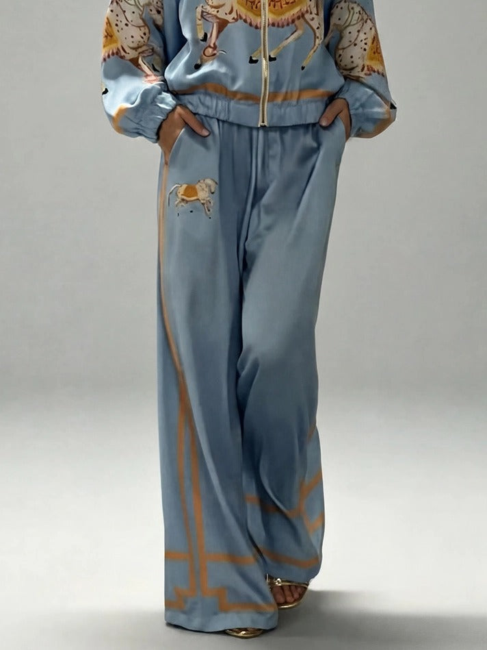 Exquisite Satin Horse Print Zip Jacket & Wide-Leg Pants Two-Piece Set