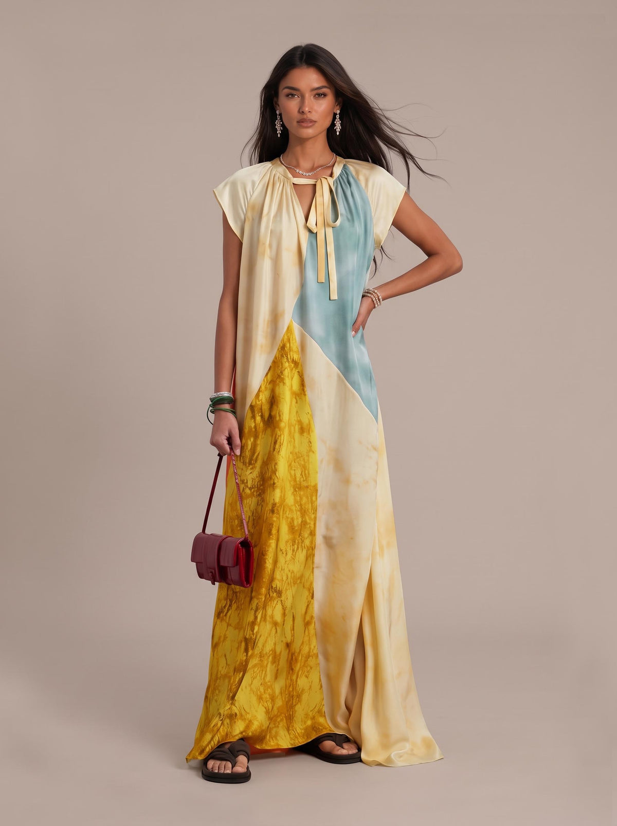 Unique Tie-neck Patchwork Printed Satin Maxi Dress