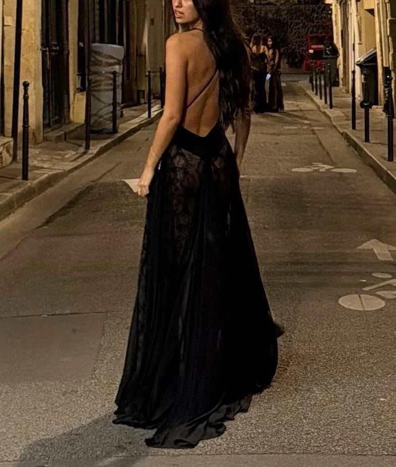 Women's Black Deep V-Neck Sheer Lace Overlay Sleeveless Evening Maxi Dress