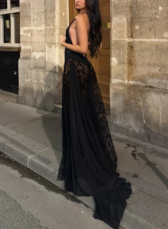 Women's Black Deep V-Neck Sheer Lace Overlay Sleeveless Evening Maxi Dress