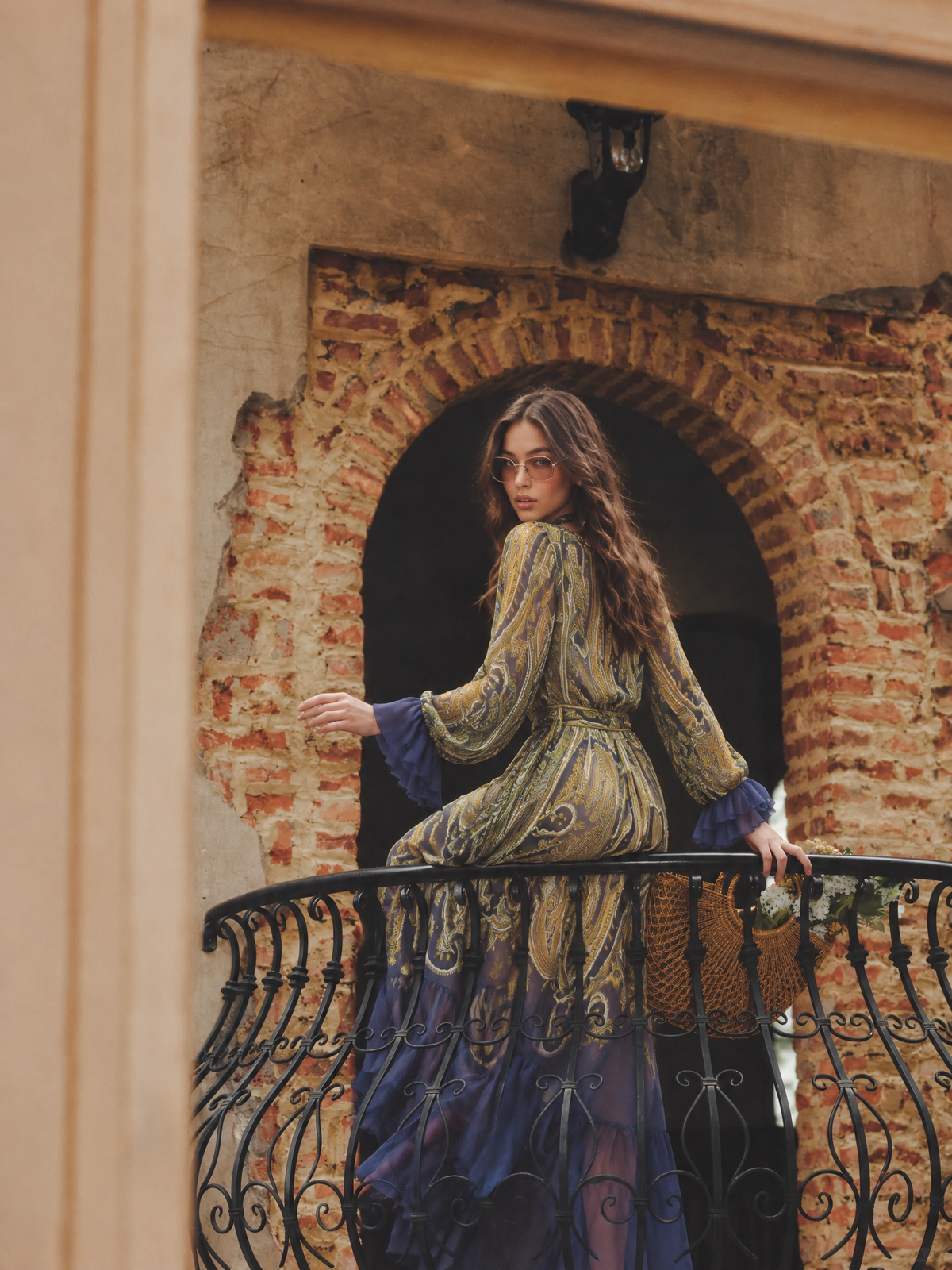 Vintage Paisley Print Chiffon Maxi Dress Sheer Ruffled Long Sleeve Bohemian Dress